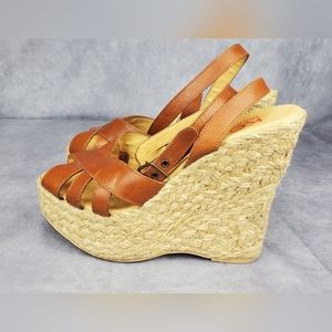 Michael Kors Tan Leather Espadrille Wedge Sandals